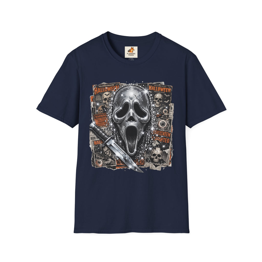 Halloween Scream Mask T-Shirt — Skull, Knife & Poster Horror Graphic Tee