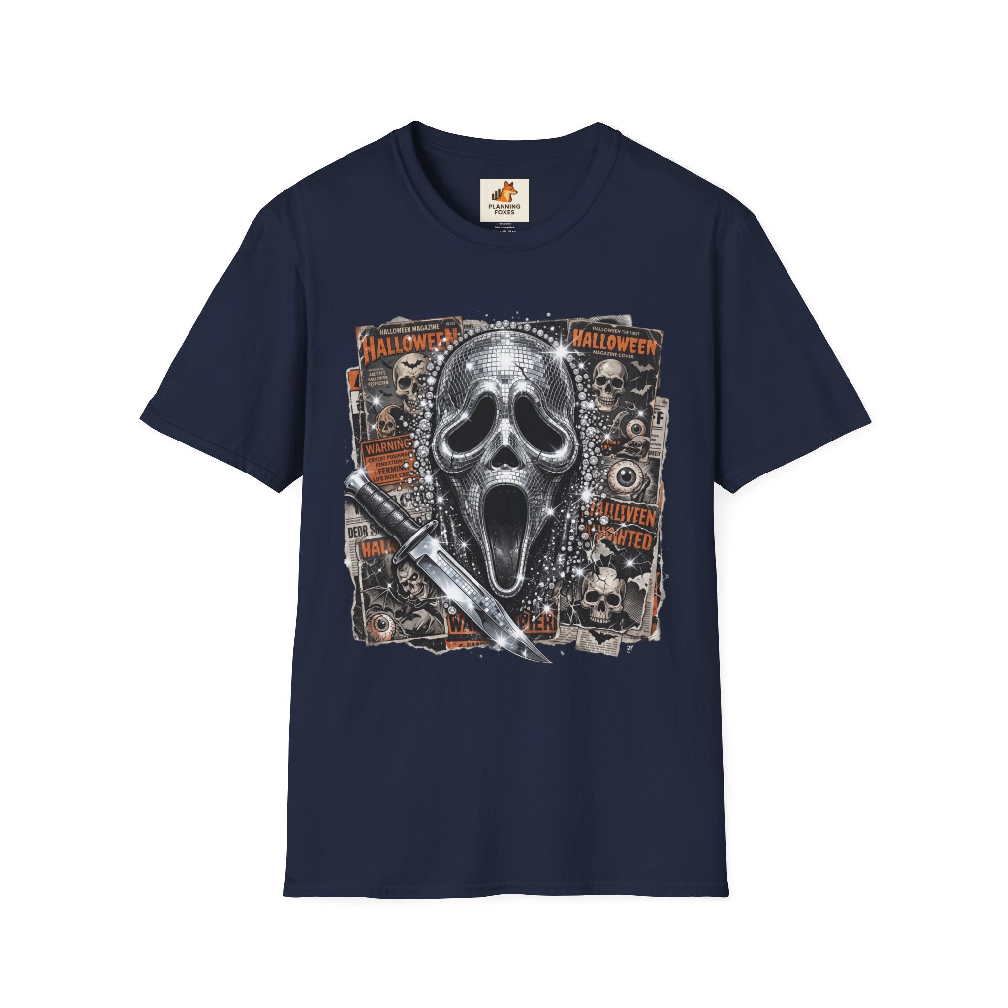 Halloween Scream Mask T-Shirt — Skull, Knife & Poster Horror Graphic Tee