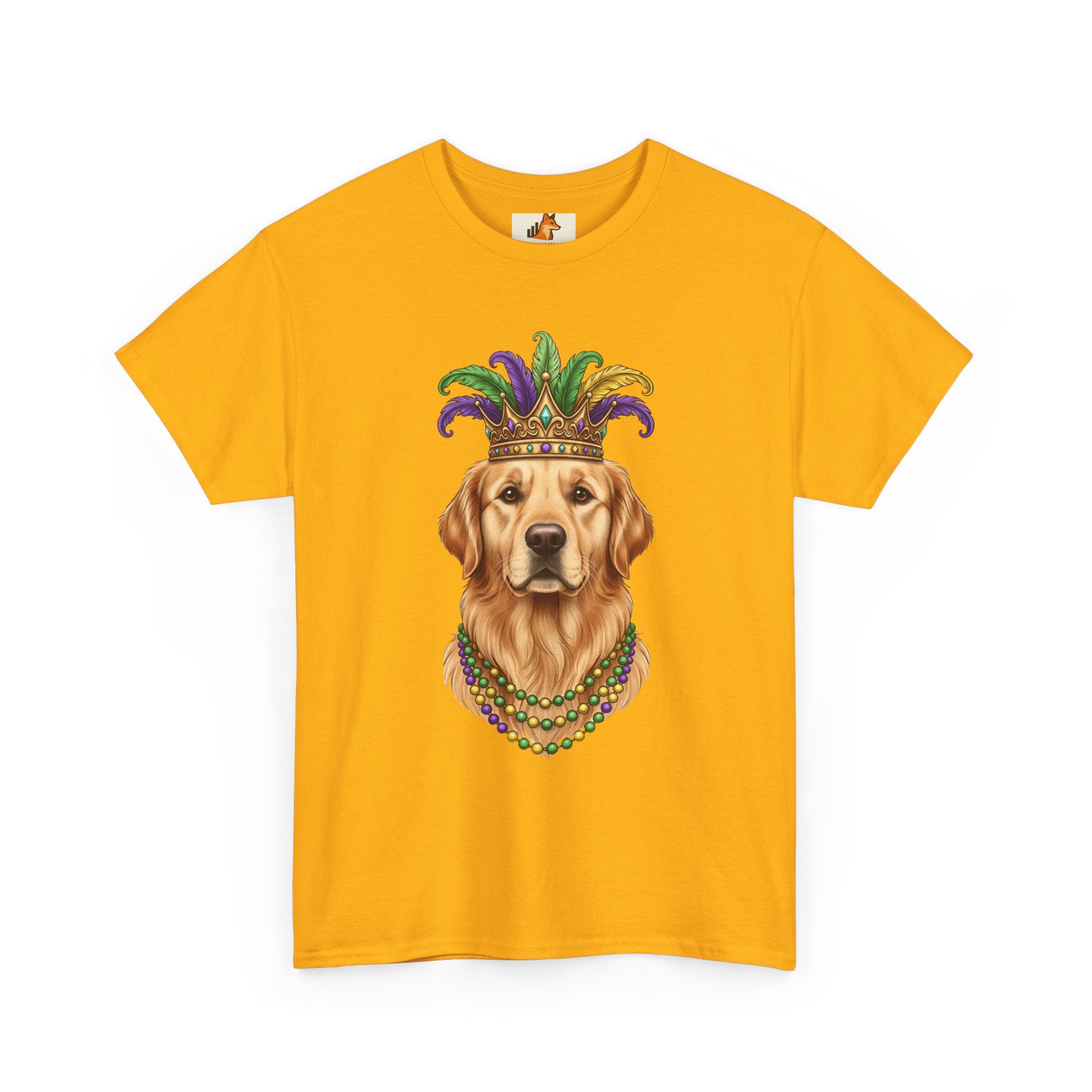 Mardi Gras Golden Retriever T-Shirt — Dog with Jester Crown & Beads