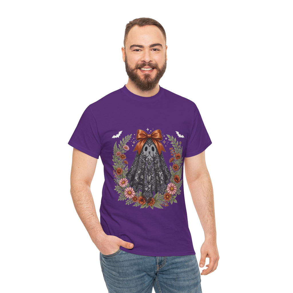 Ghost in Lace Tee — Floral Halloween Ghost T-Shirt with Bow