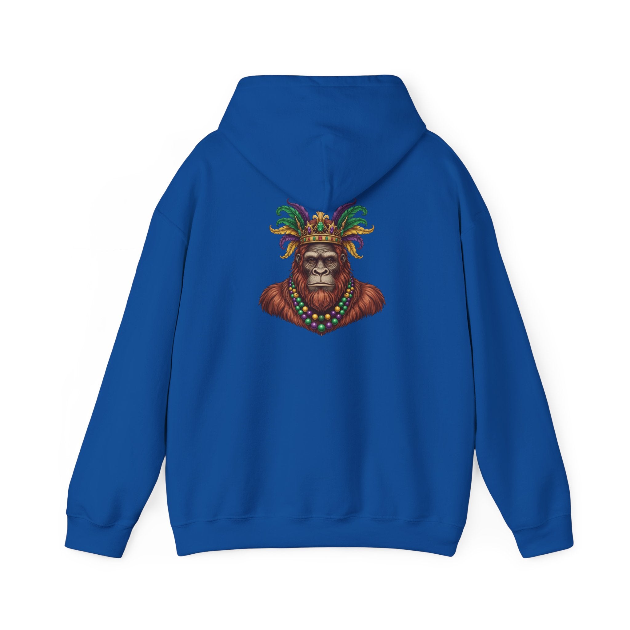 Mardi Gras Bigfoot Hooded Sweatshirt - Colorful Jester Mask & Bead Design
