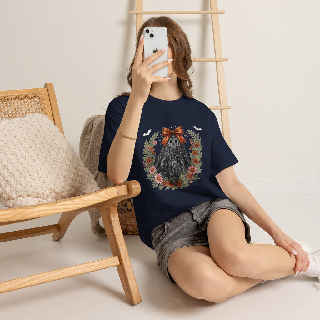 Ghost in Lace Tee — Floral Halloween Ghost T-Shirt with Bow