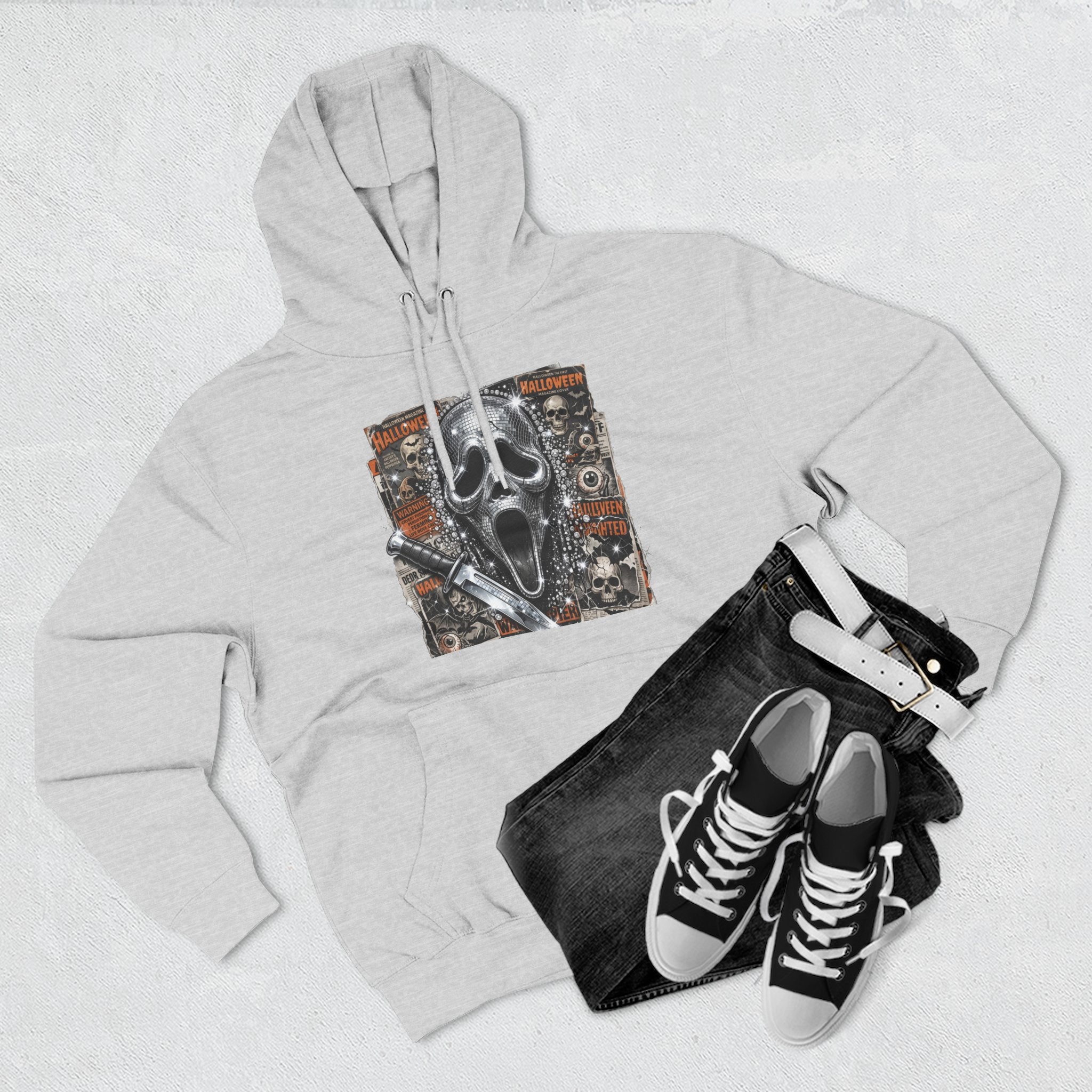 Halloween Horror Nights Hoodie — Haunted Mask & Killer Characters Graphic Pullover