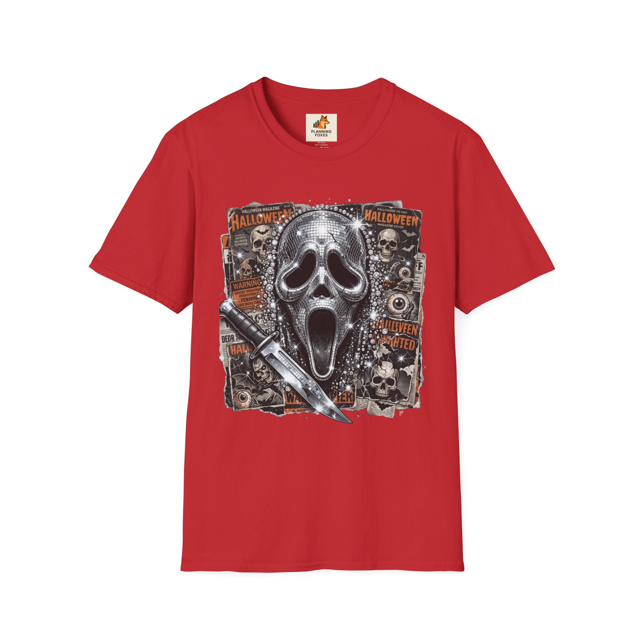 Halloween Scream Mask T-Shirt — Skull, Knife & Poster Horror Graphic Tee