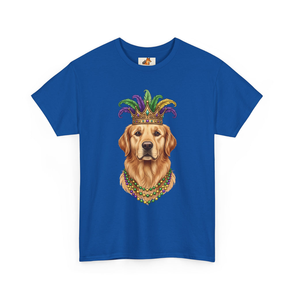 Mardi Gras Golden Retriever T-Shirt — Dog with Jester Crown & Beads