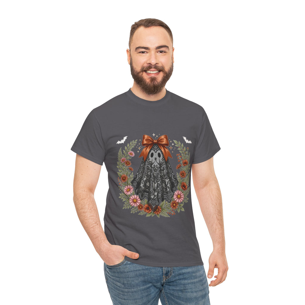 Ghost in Lace Tee — Floral Halloween Ghost T-Shirt with Bow