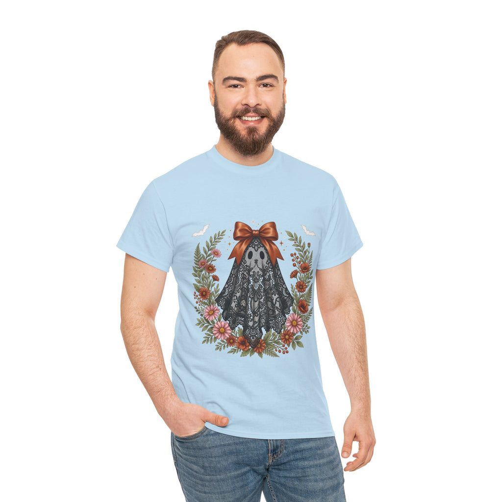 Ghost in Lace Tee — Floral Halloween Ghost T-Shirt with Bow