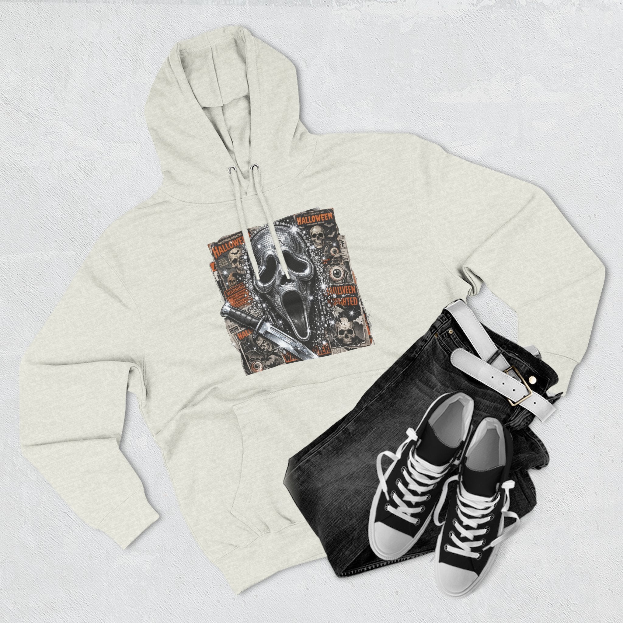 Halloween Horror Nights Hoodie — Haunted Mask & Killer Characters Graphic Pullover