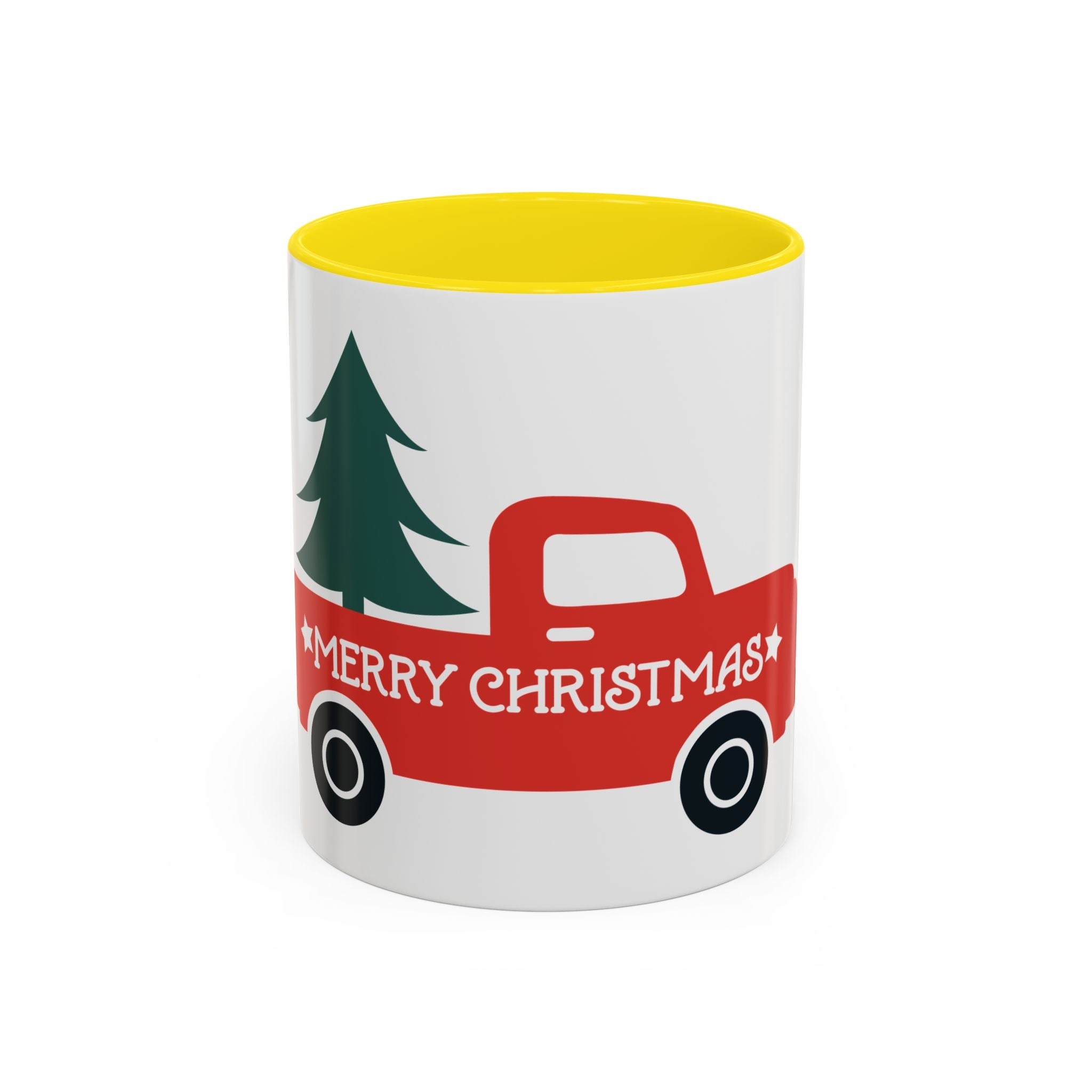 Christmas Truck Coffee Mug — Red Vintage Pickup with Tree, "Merry Christmas" Accent Mug