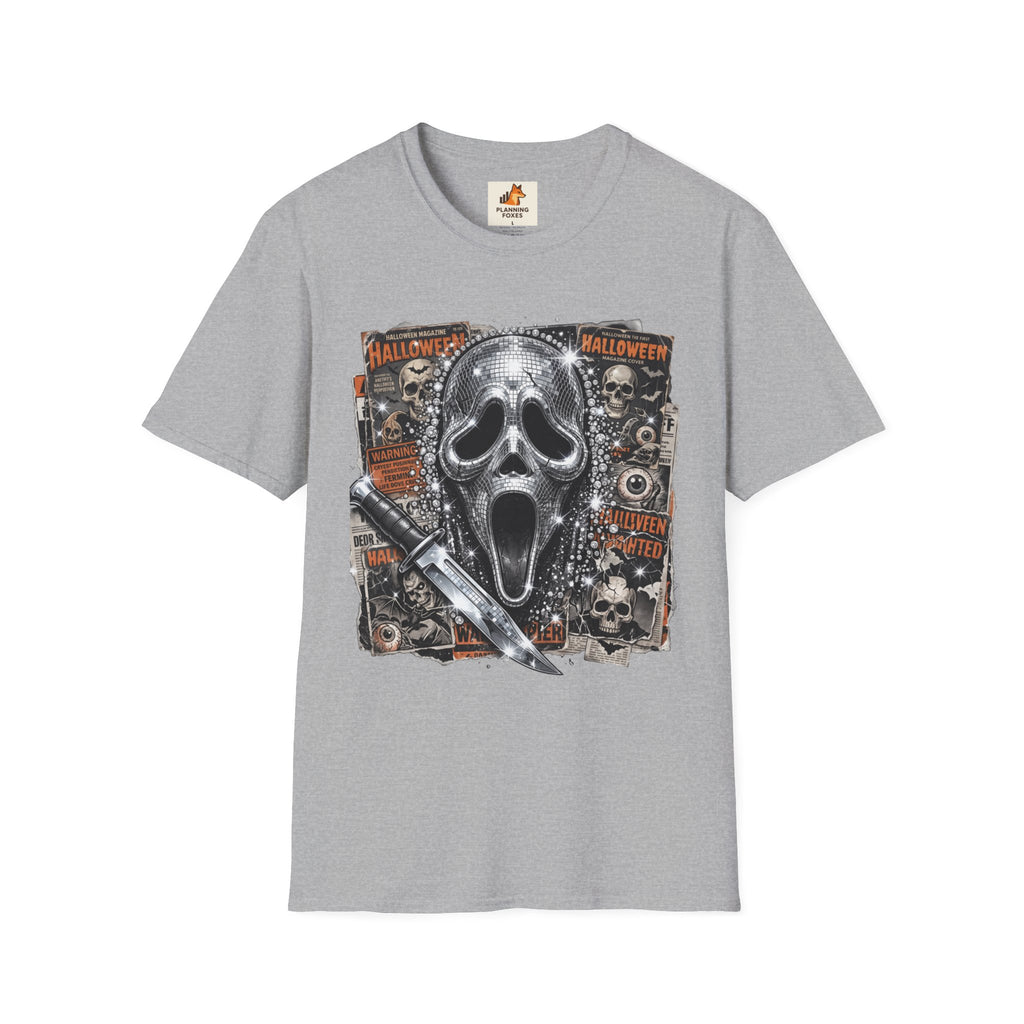 Halloween Scream Mask T-Shirt — Skull, Knife & Poster Horror Graphic Tee