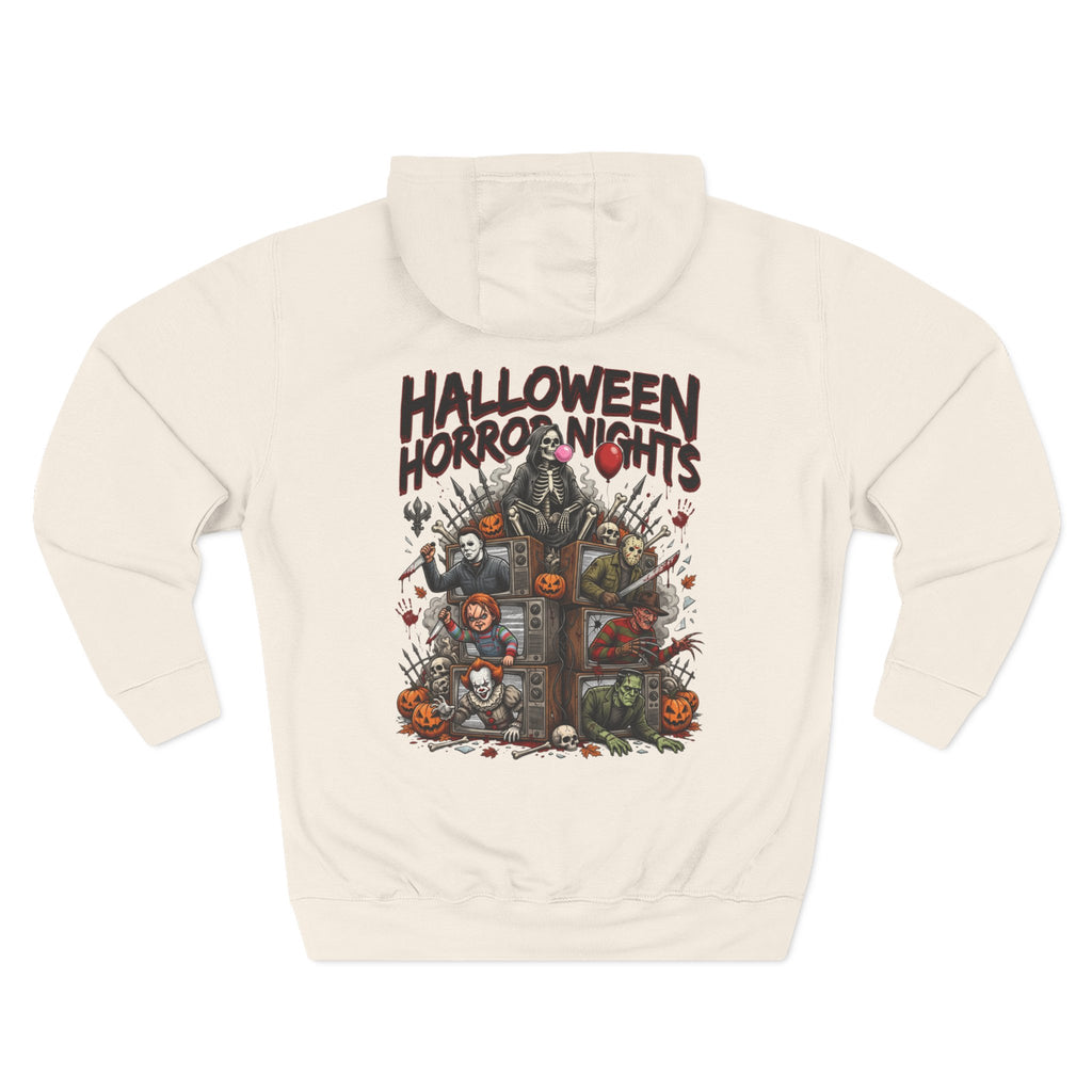 Halloween Horror Nights Hoodie — Haunted Mask & Killer Characters Graphic Pullover