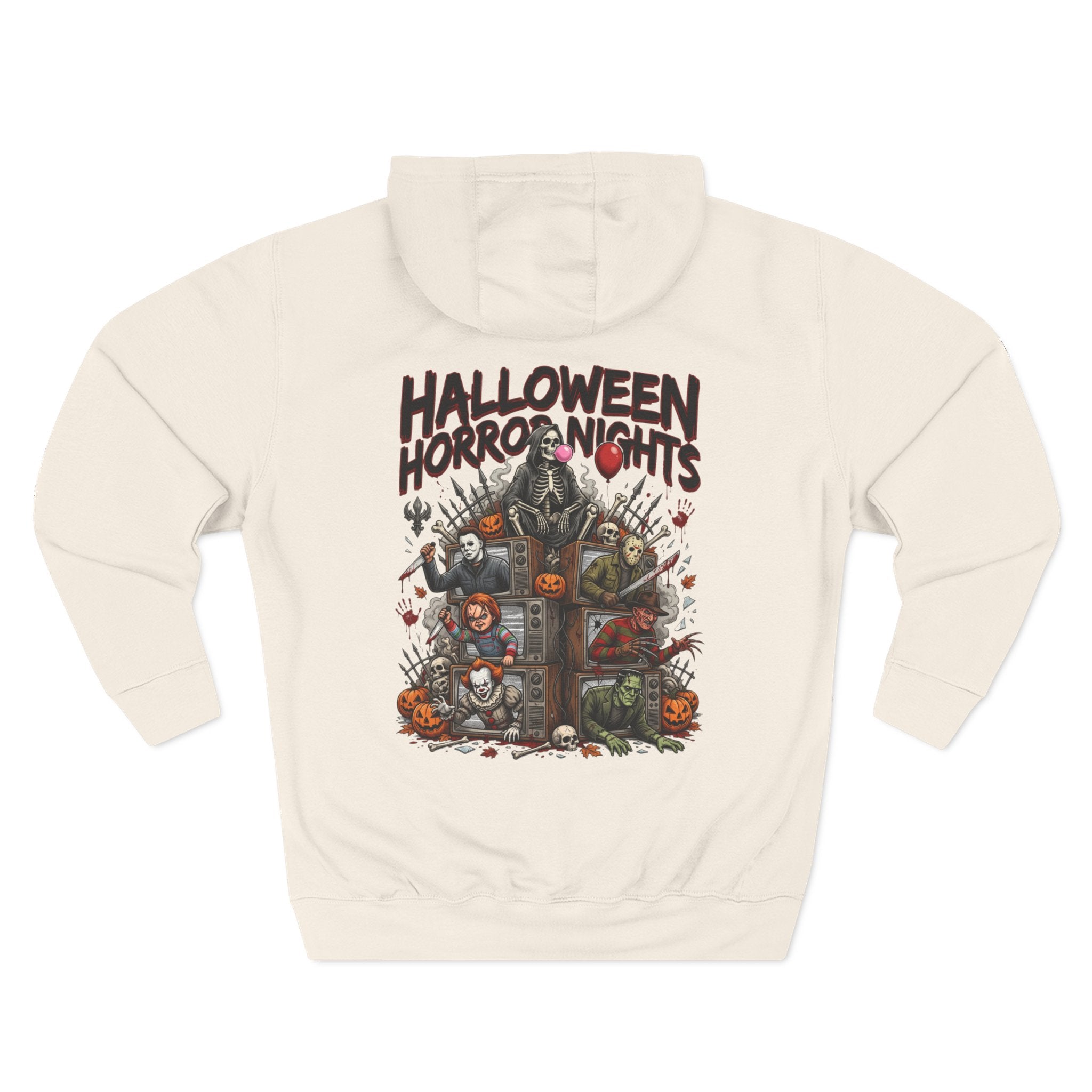 Halloween Horror Nights Hoodie — Haunted Mask & Killer Characters Graphic Pullover