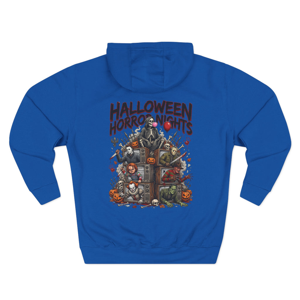 Halloween Horror Nights Hoodie — Haunted Mask & Killer Characters Graphic Pullover