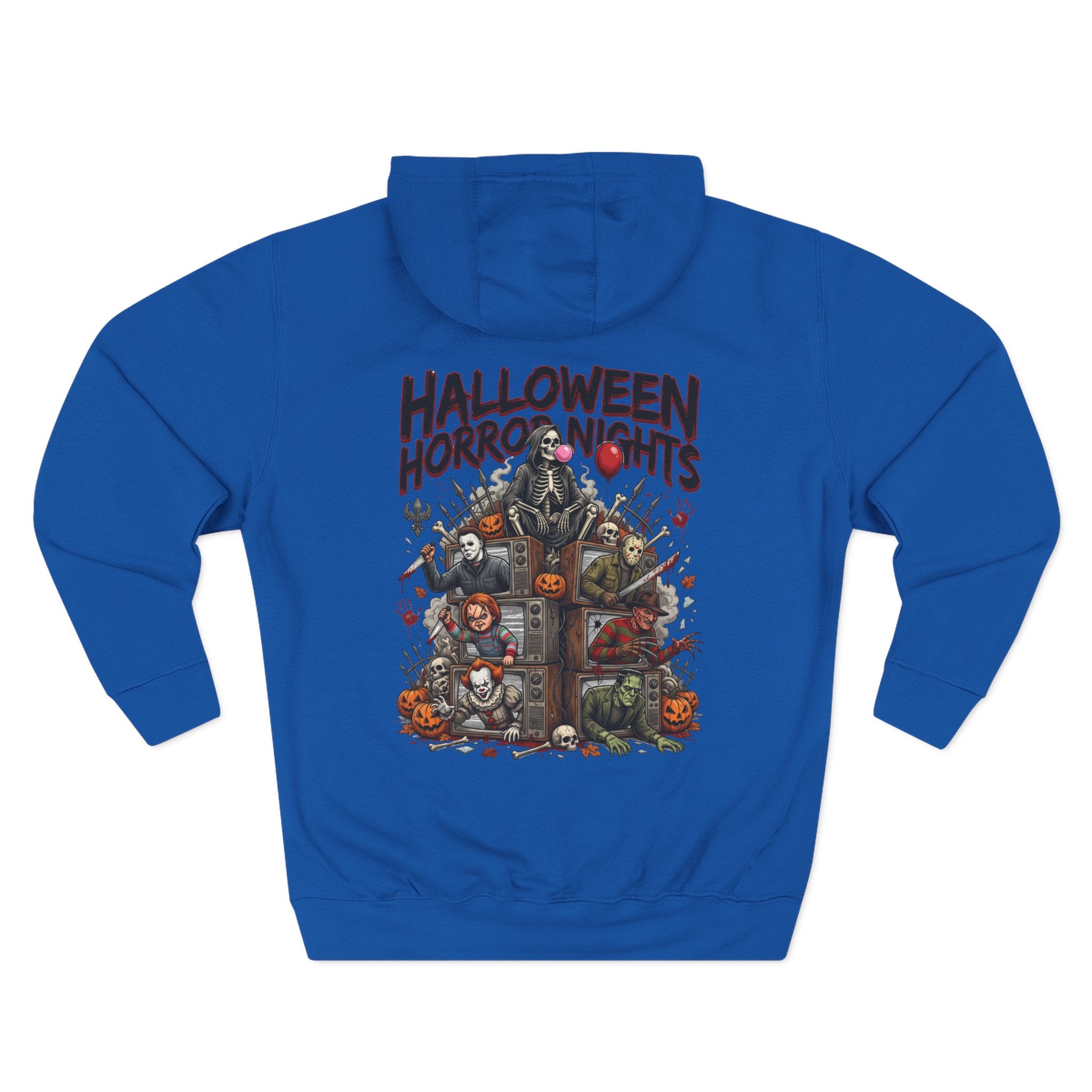 Halloween Horror Nights Hoodie — Haunted Mask & Killer Characters Graphic Pullover