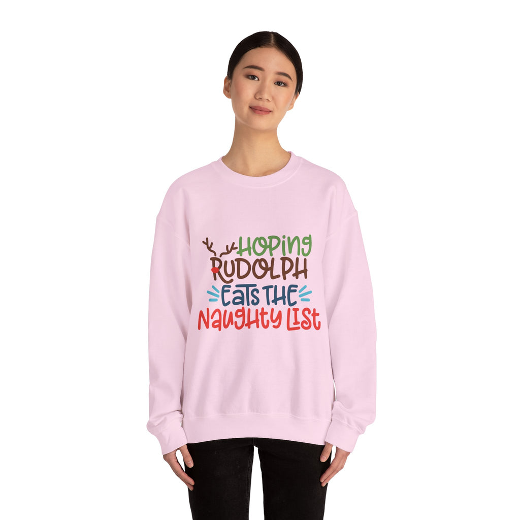 Holiday Sweatshirt – "Hoping Rudolph Eats the Naughty List" Funny Christmas Crewneck