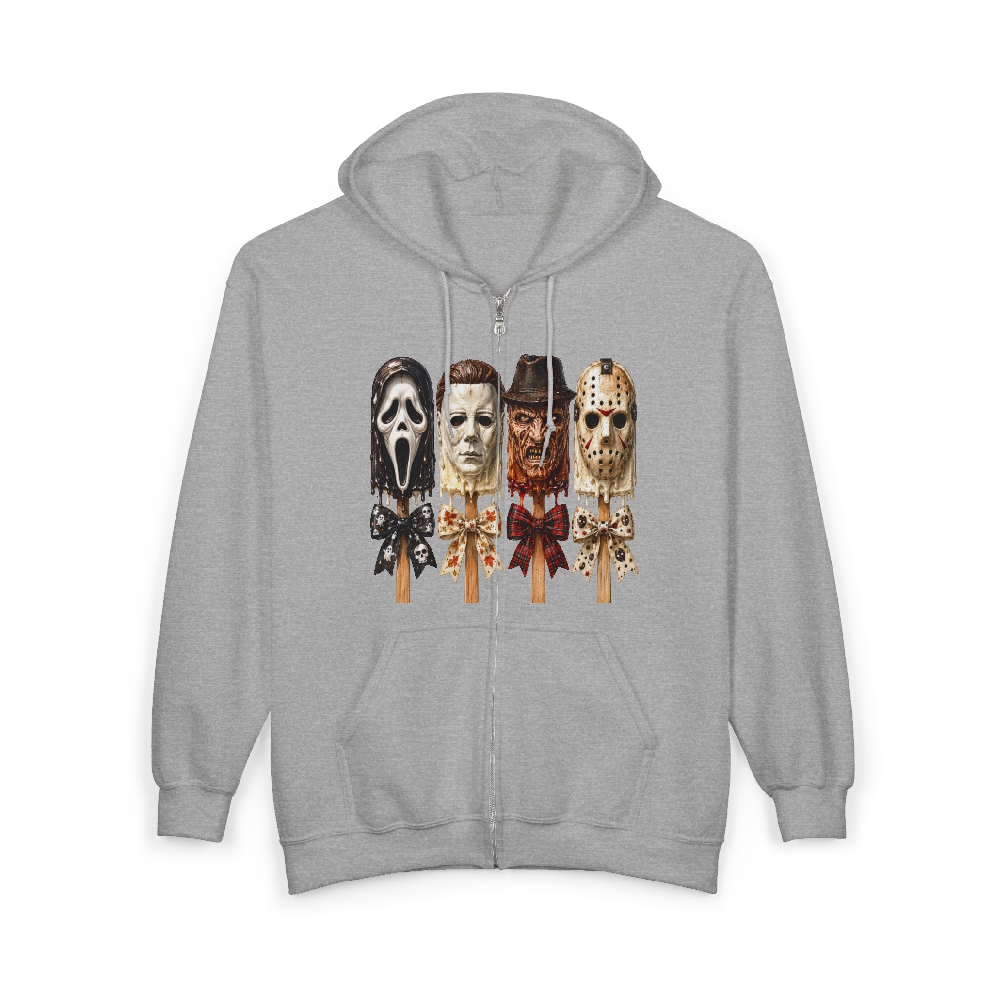 Horror Icons Full‑Zip Hoodie — Scream, Michael Myers, Freddy & Jason Popsicle Mask Design