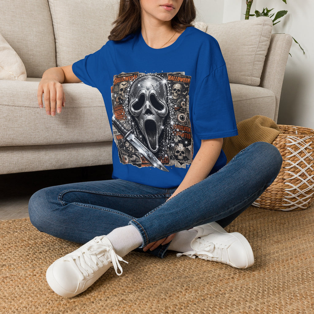 Halloween Scream Mask T-Shirt — Skull, Knife & Poster Horror Graphic Tee