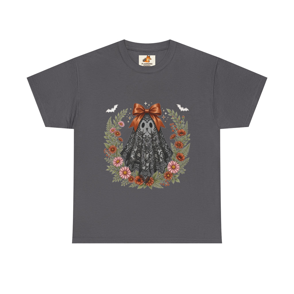 Ghost in Lace Tee — Floral Halloween Ghost T-Shirt with Bow