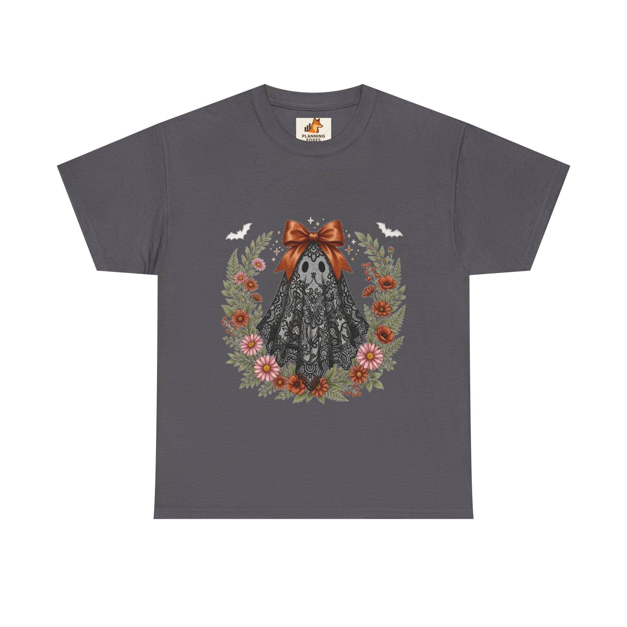 Ghost in Lace Tee — Floral Halloween Ghost T-Shirt with Bow