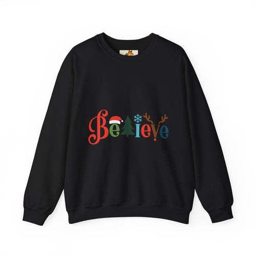 Believe Christmas Sweatshirt — Festive Tree & Reindeer Holiday Crewneck