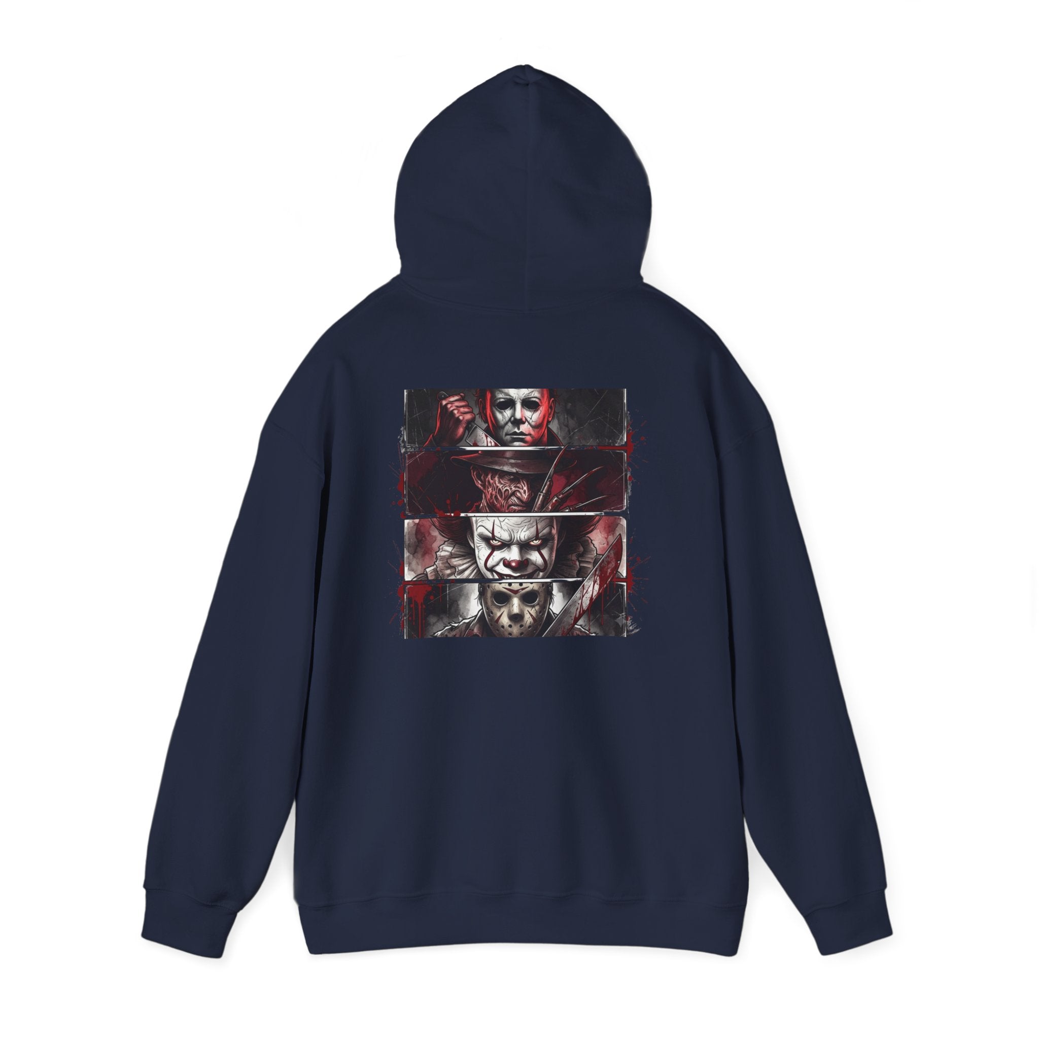 Horror Villains Back-Print Hoodie — Creepy Movie Killer Collage