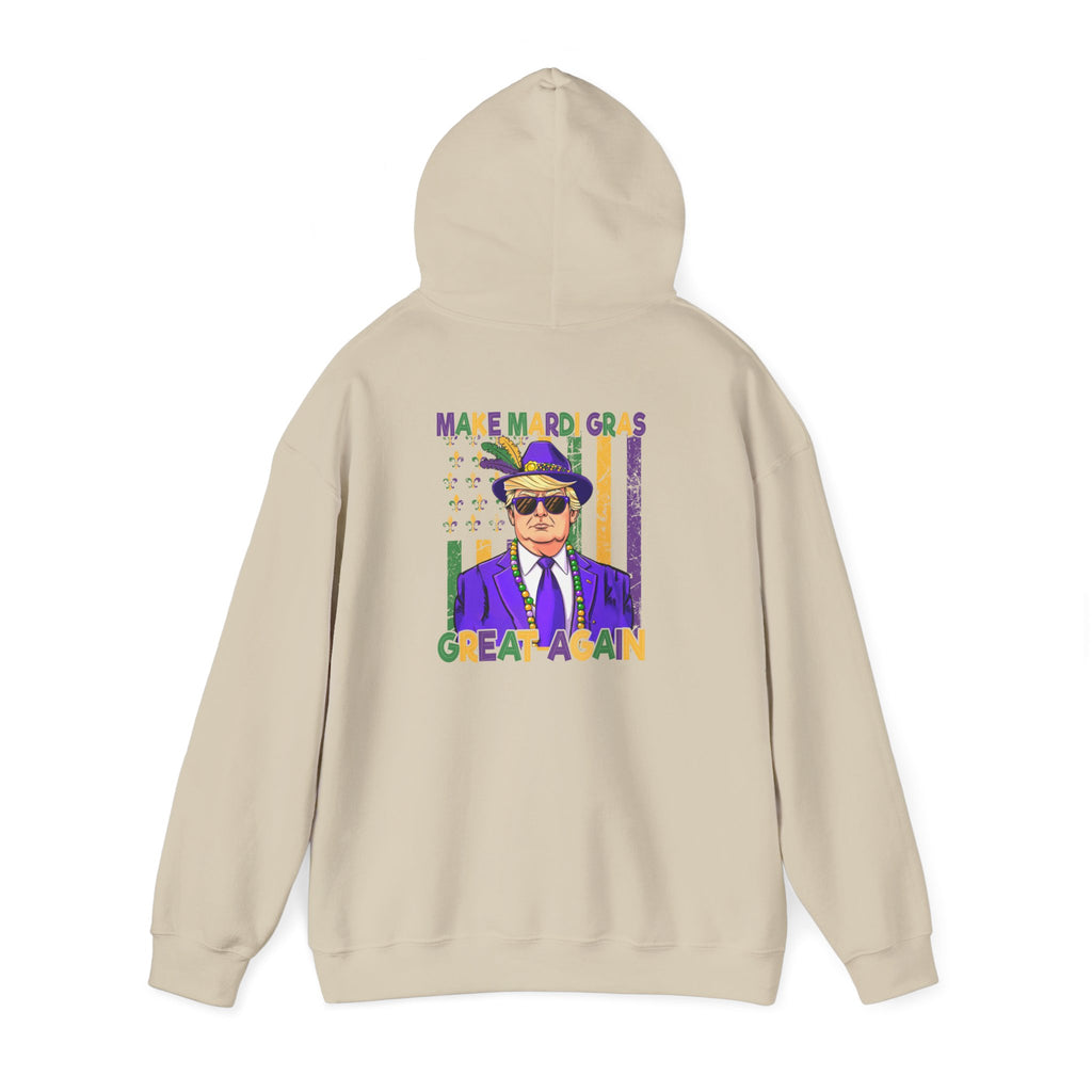 Mardi Gras Great Again Hoodie — Festive King Cake Masked Man Back Graphic