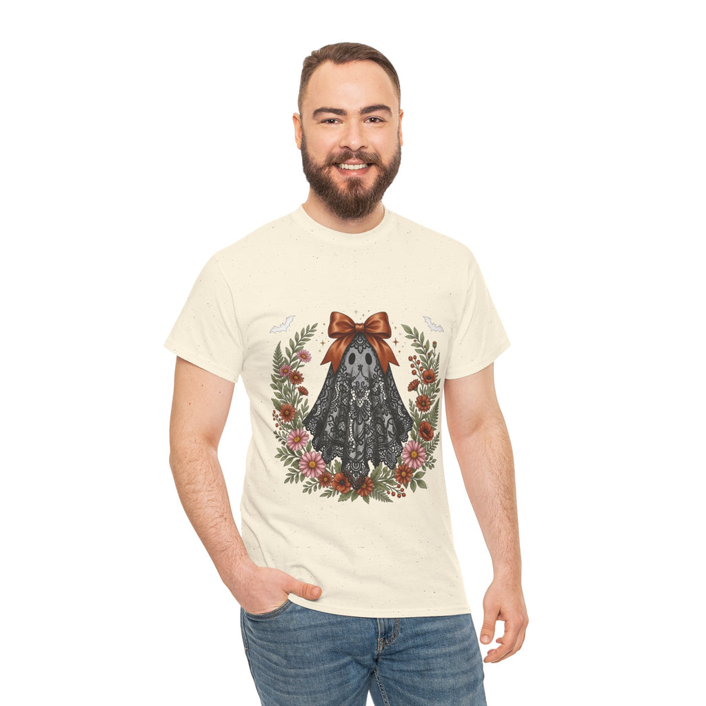Ghost in Lace Tee — Floral Halloween Ghost T-Shirt with Bow