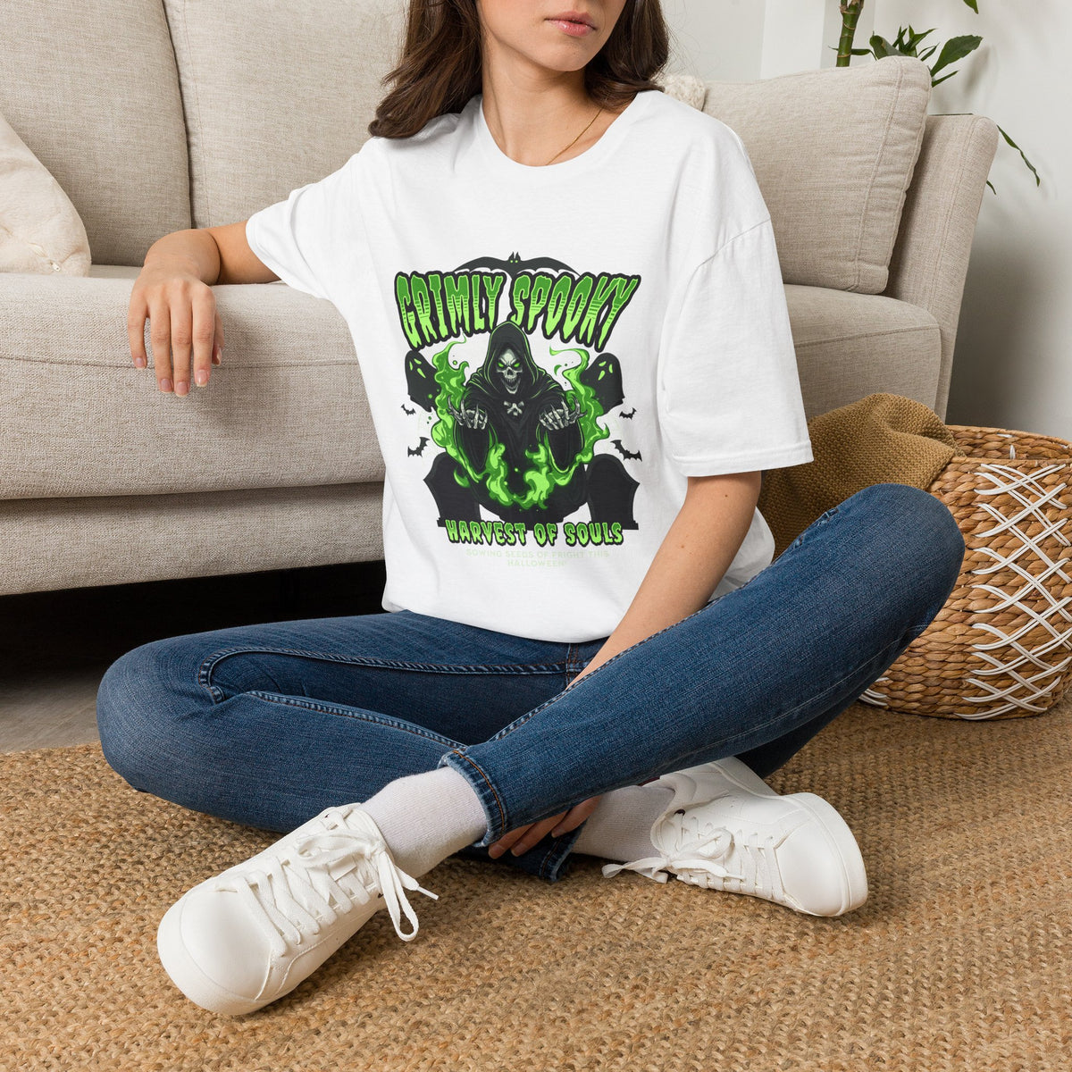 Grimly Spooky T-Shirt — Neon Green Reaper Halloween Tee