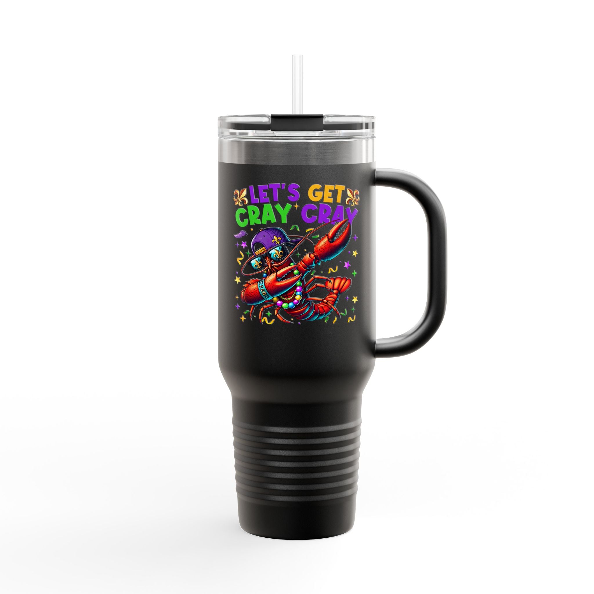 40oz Insulated Travel Mug — "Let's Get Cray Cray" Colorful Crawfish Party Design
