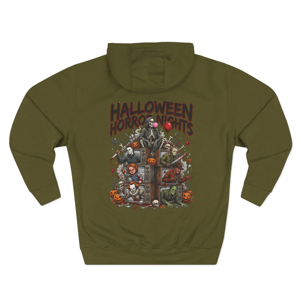 Halloween Horror Nights Hoodie — Haunted Mask & Killer Characters Graphic Pullover