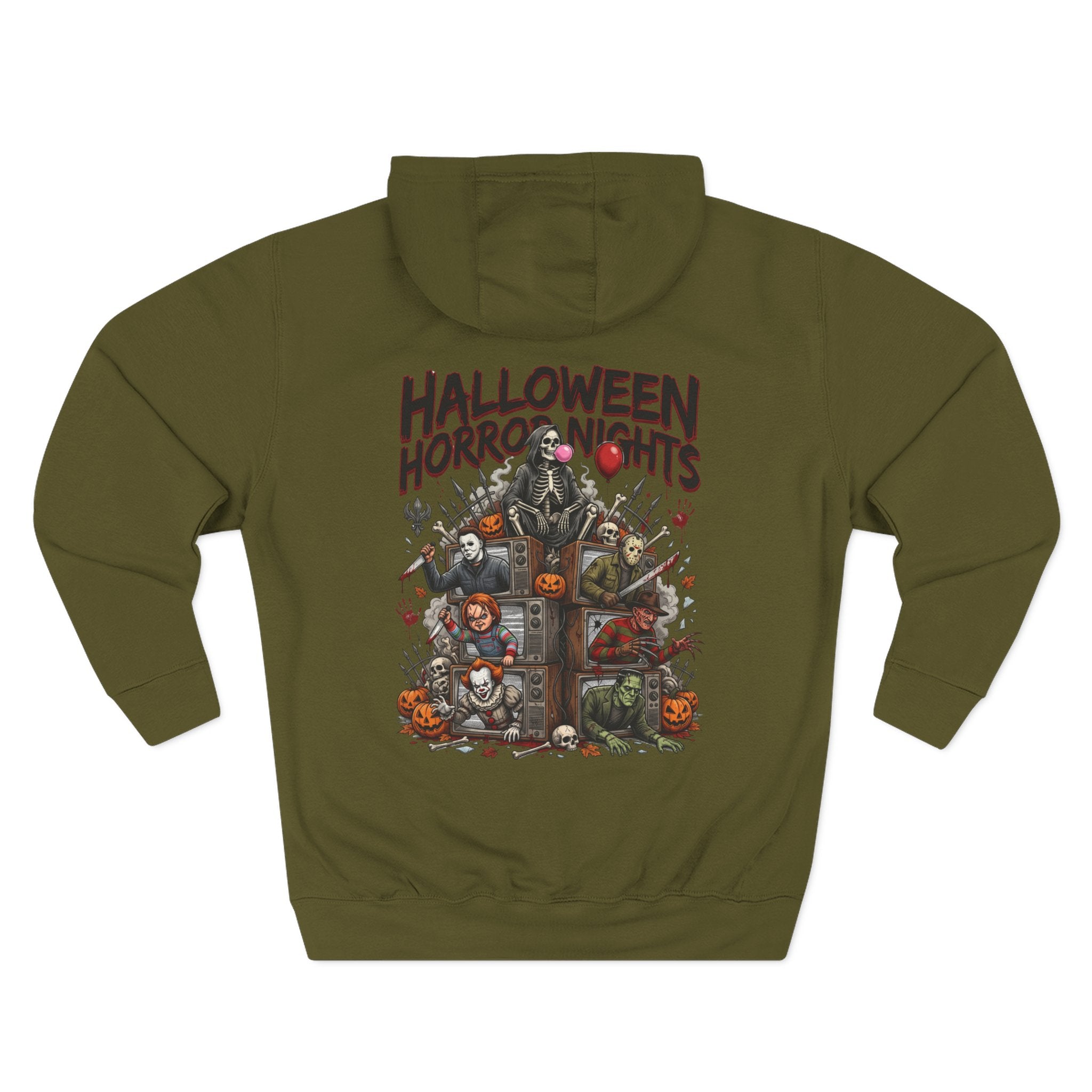 Halloween Horror Nights Hoodie — Haunted Mask & Killer Characters Graphic Pullover