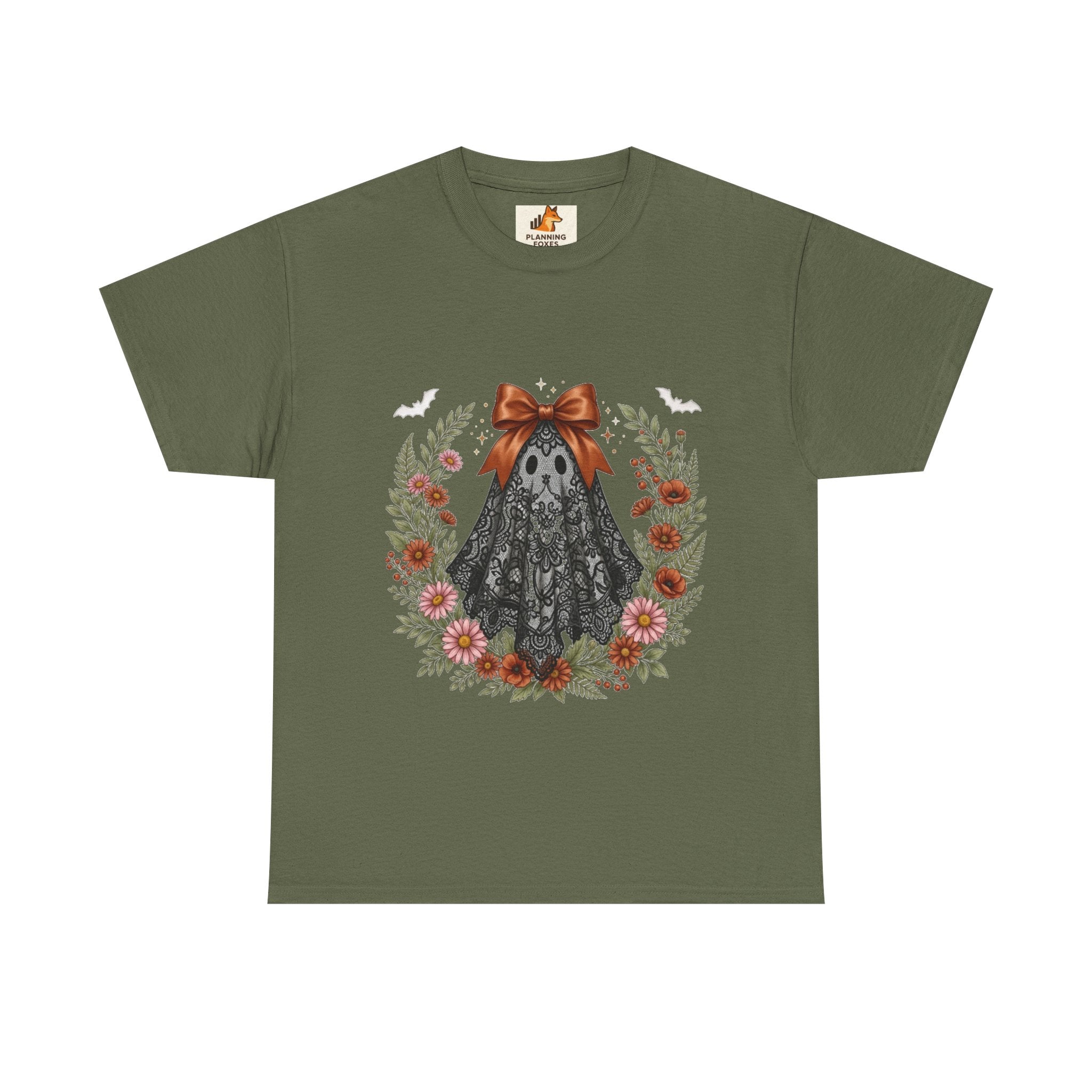 Ghost in Lace Tee — Floral Halloween Ghost T-Shirt with Bow