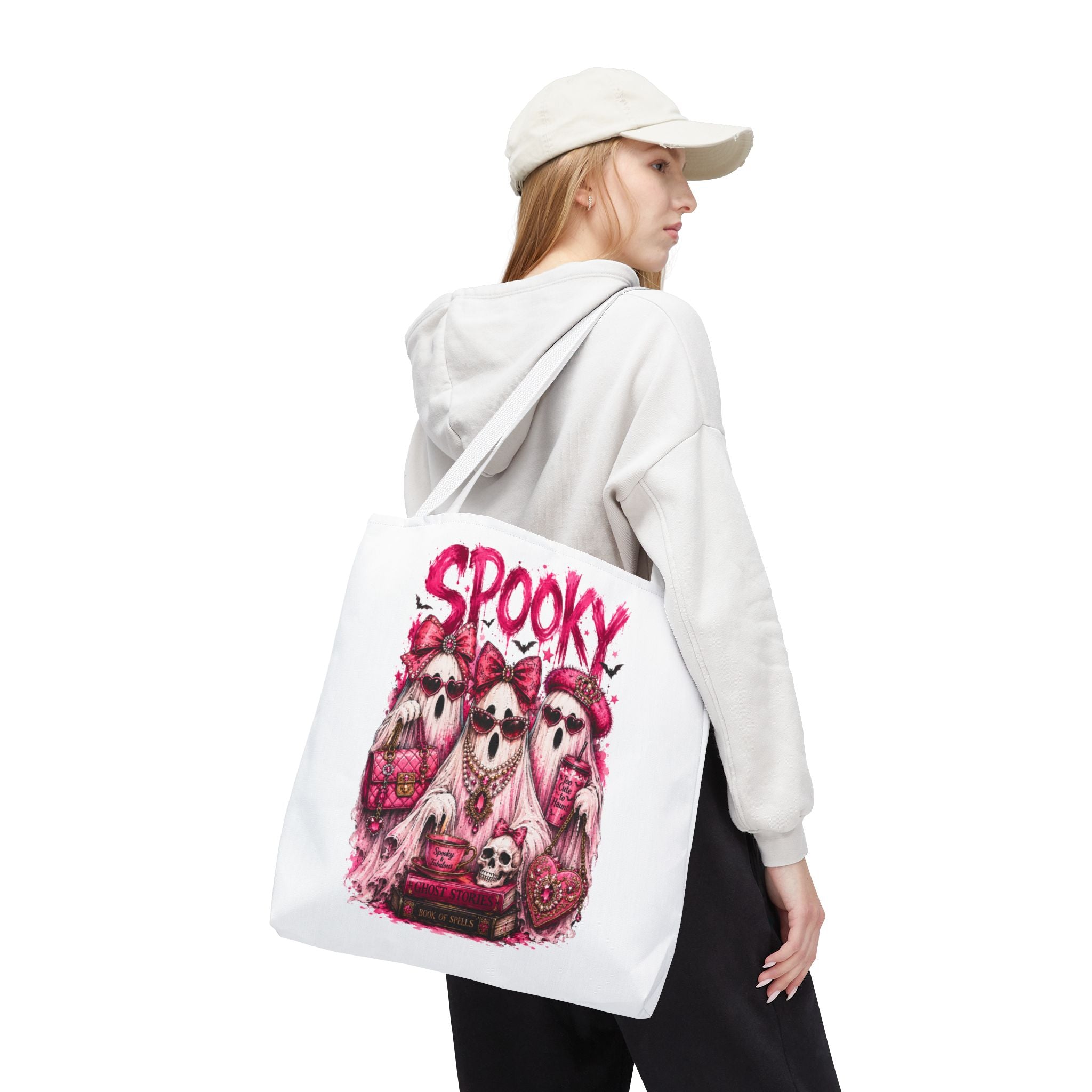 Spooky Pink Ghost Trio Tote Bag — Cute Gothic Halloween Aesthetic