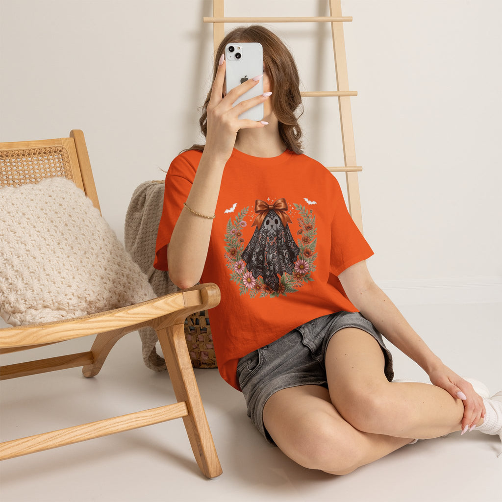 Ghost in Lace Tee — Floral Halloween Ghost T-Shirt with Bow