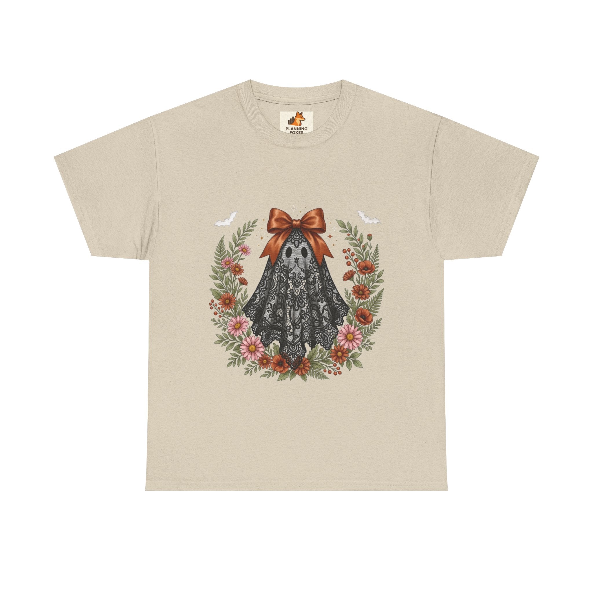 Ghost in Lace Tee — Floral Halloween Ghost T-Shirt with Bow