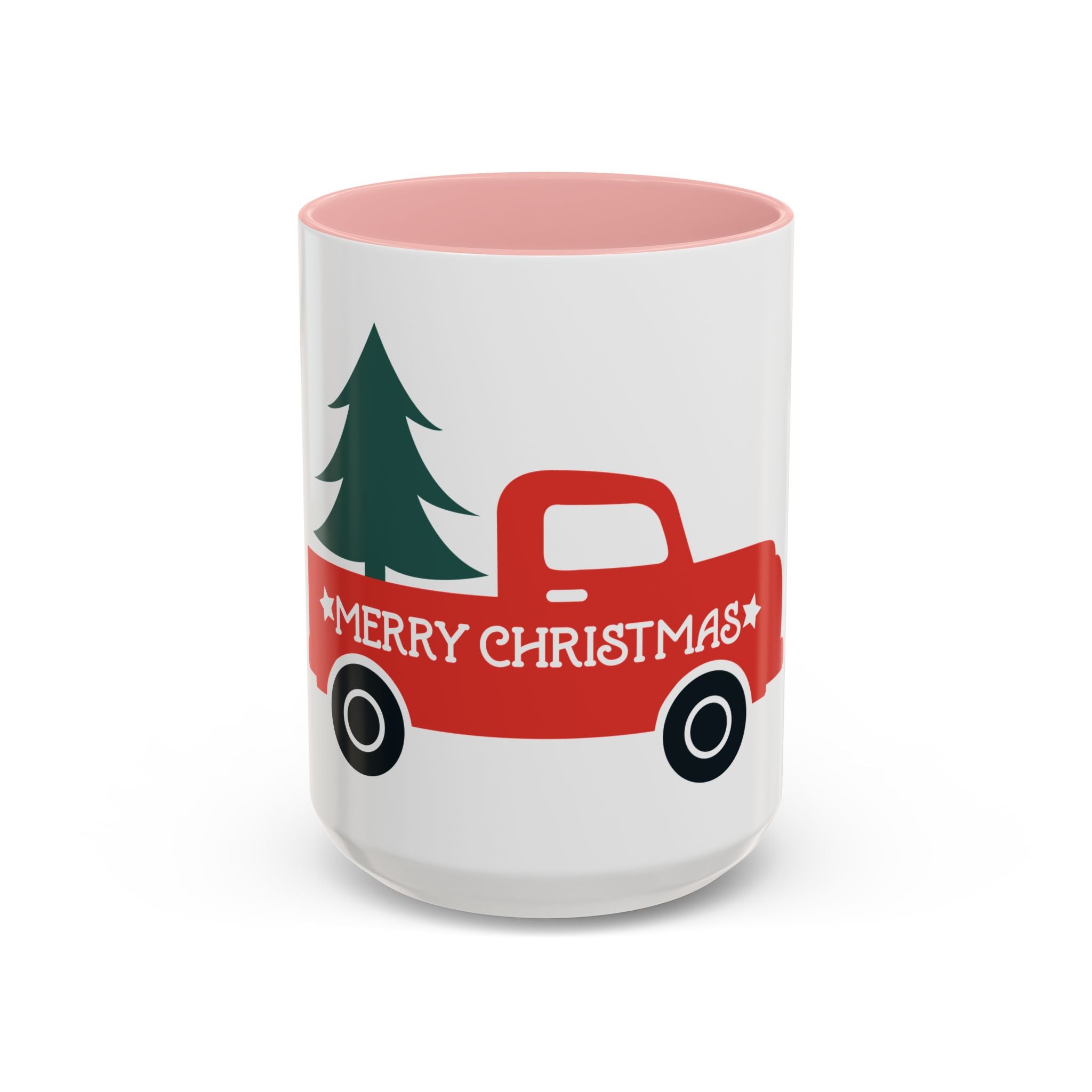 Christmas Truck Coffee Mug — Red Vintage Pickup with Tree, "Merry Christmas" Accent Mug