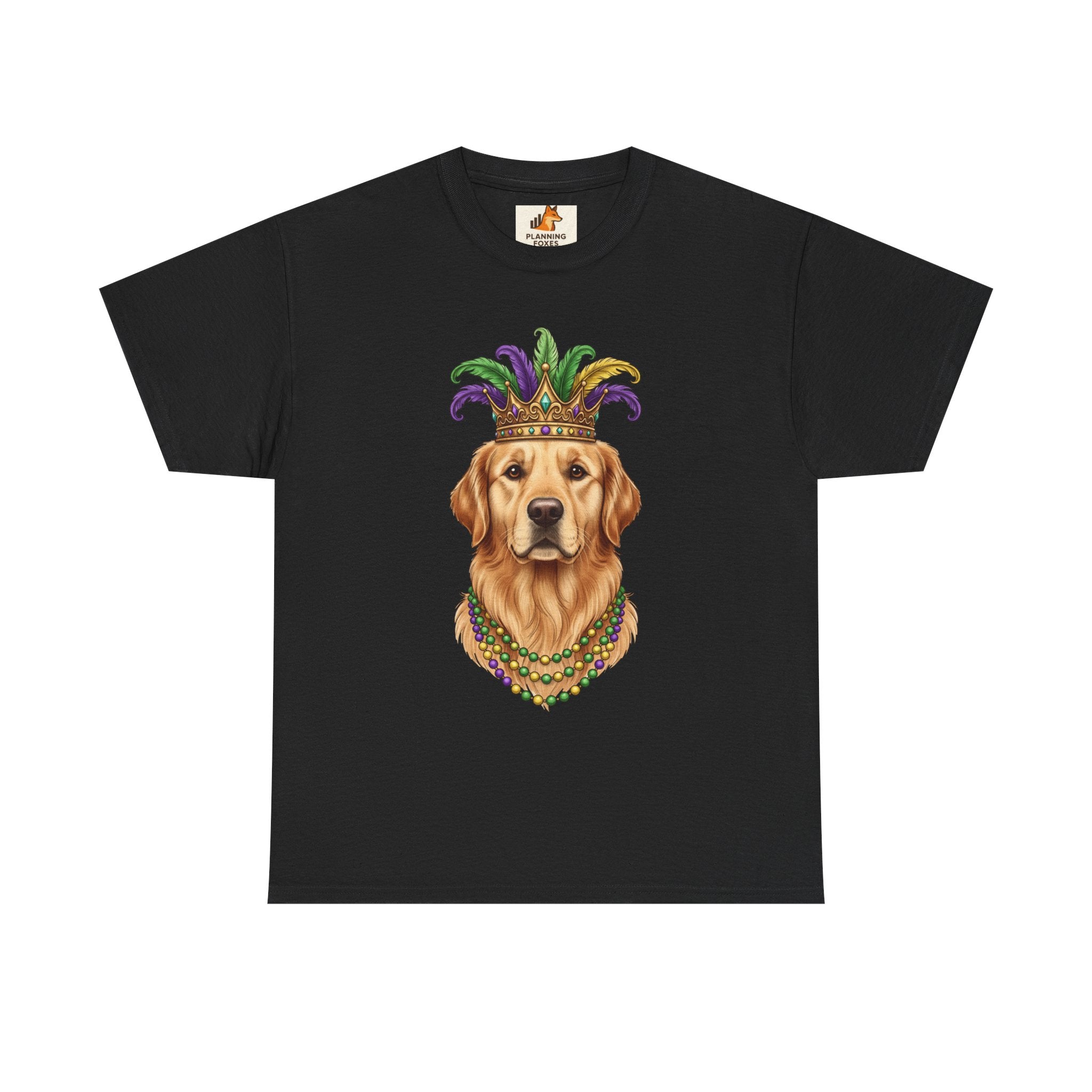 Mardi Gras Golden Retriever T-Shirt — Dog with Jester Crown & Beads