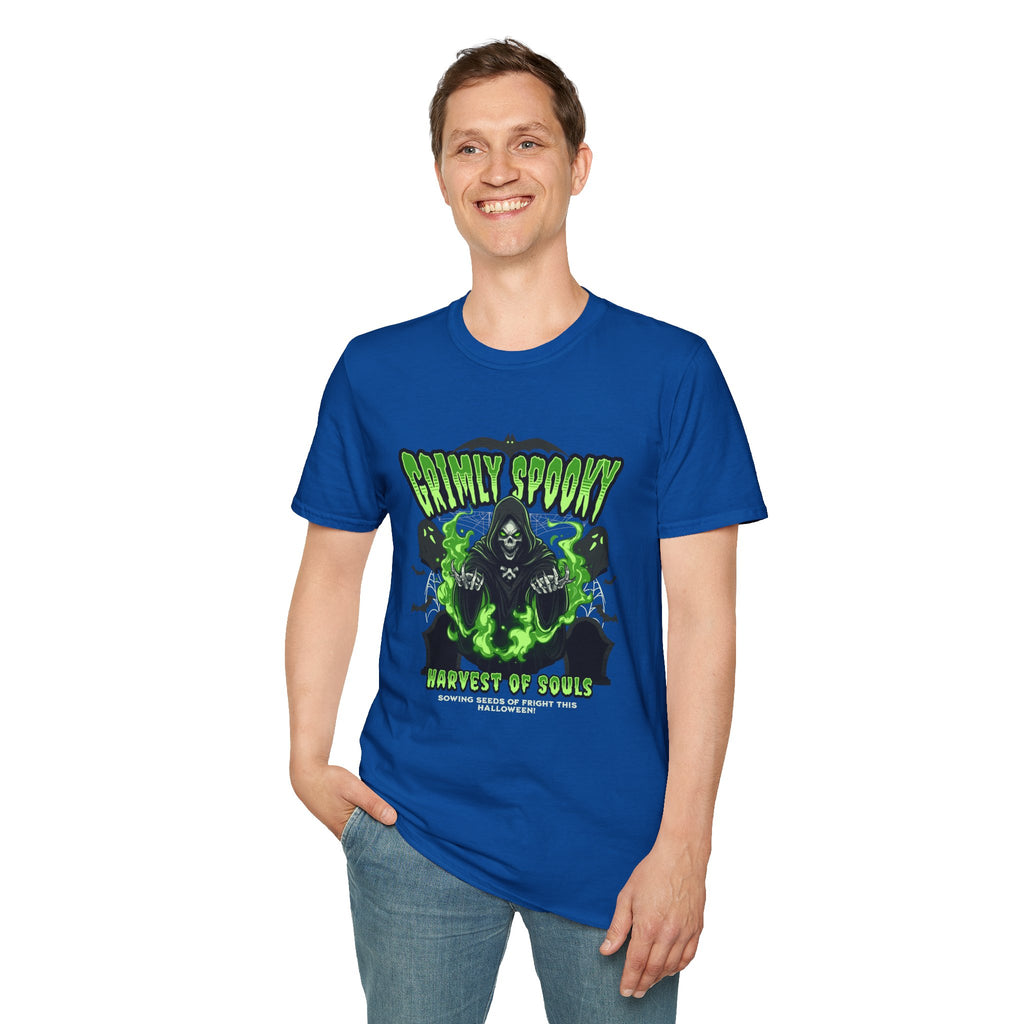Grimly Spooky T-Shirt — Neon Green Reaper Halloween Tee