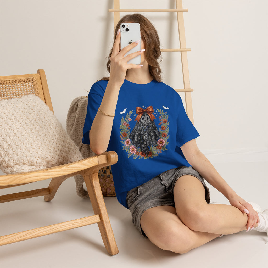 Ghost in Lace Tee — Floral Halloween Ghost T-Shirt with Bow
