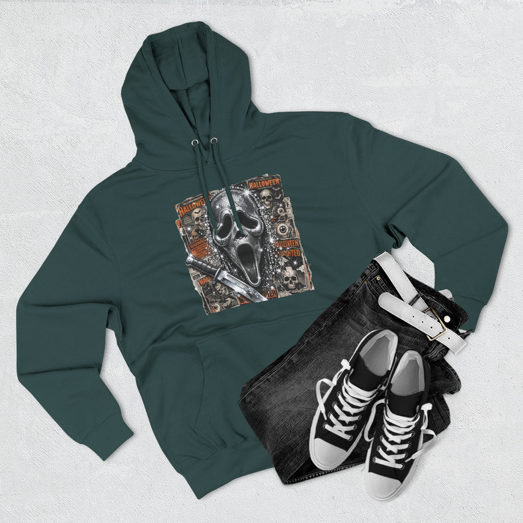 Halloween Horror Nights Hoodie — Haunted Mask & Killer Characters Graphic Pullover