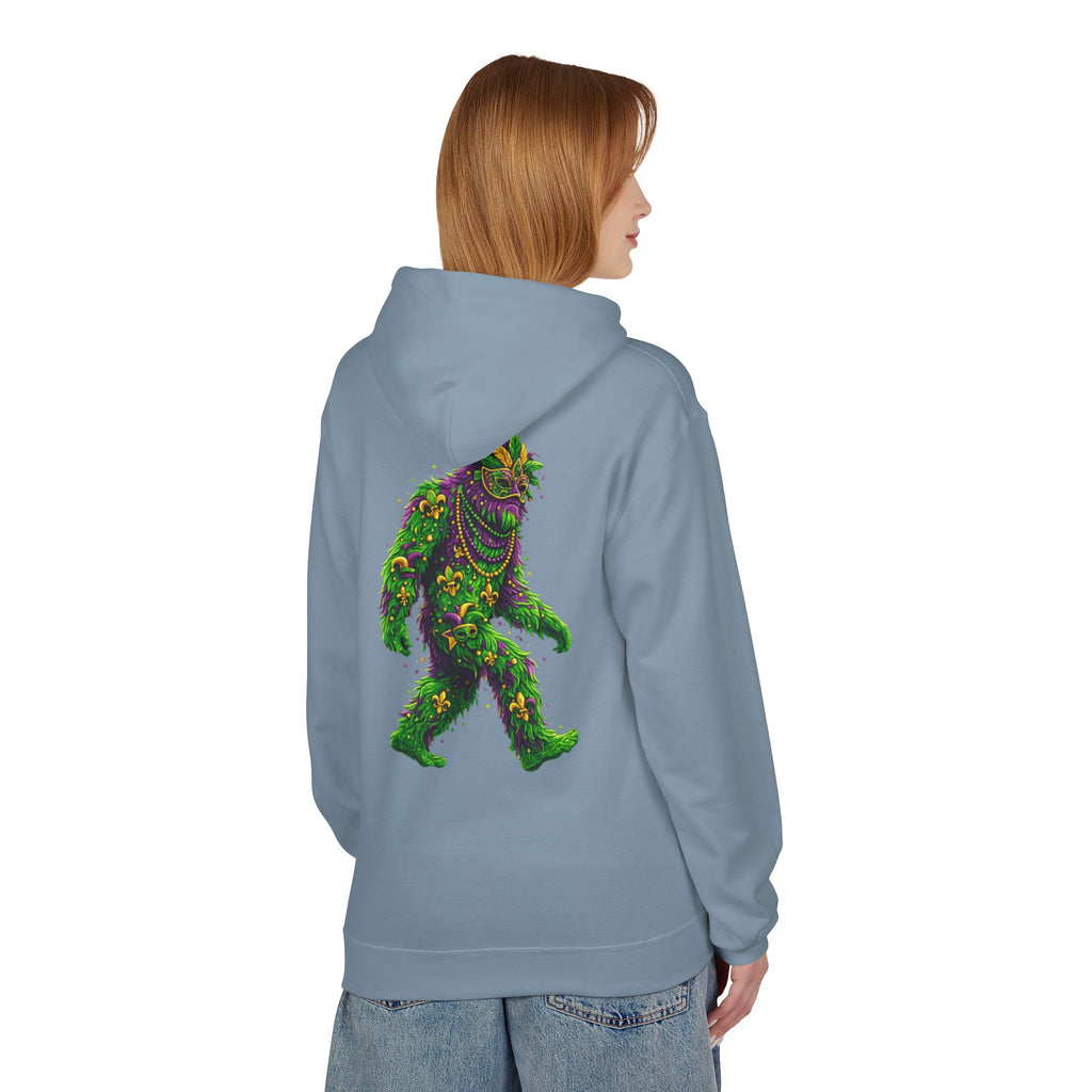 Mardi Gras Bigfoot Hoodie - Festive Beaded Sasquatch Pullover