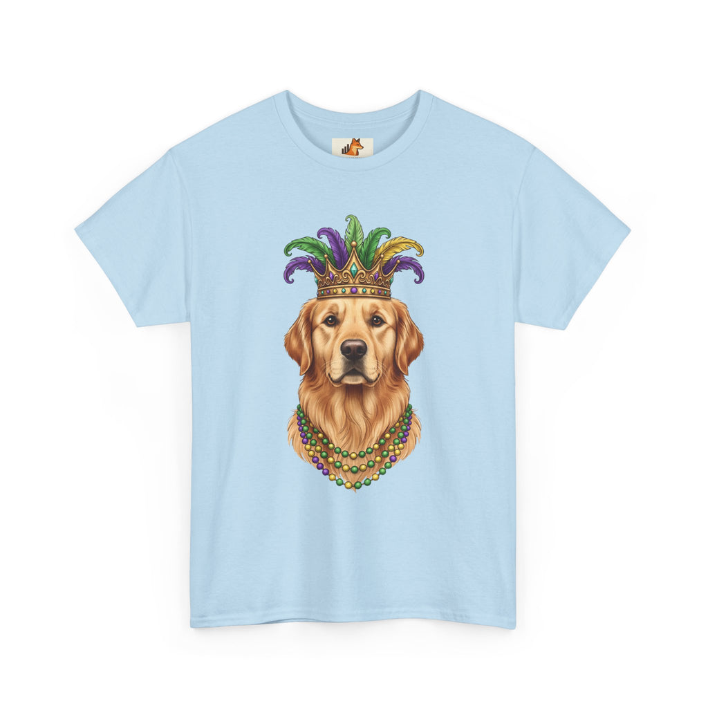 Mardi Gras Golden Retriever T-Shirt — Dog with Jester Crown & Beads