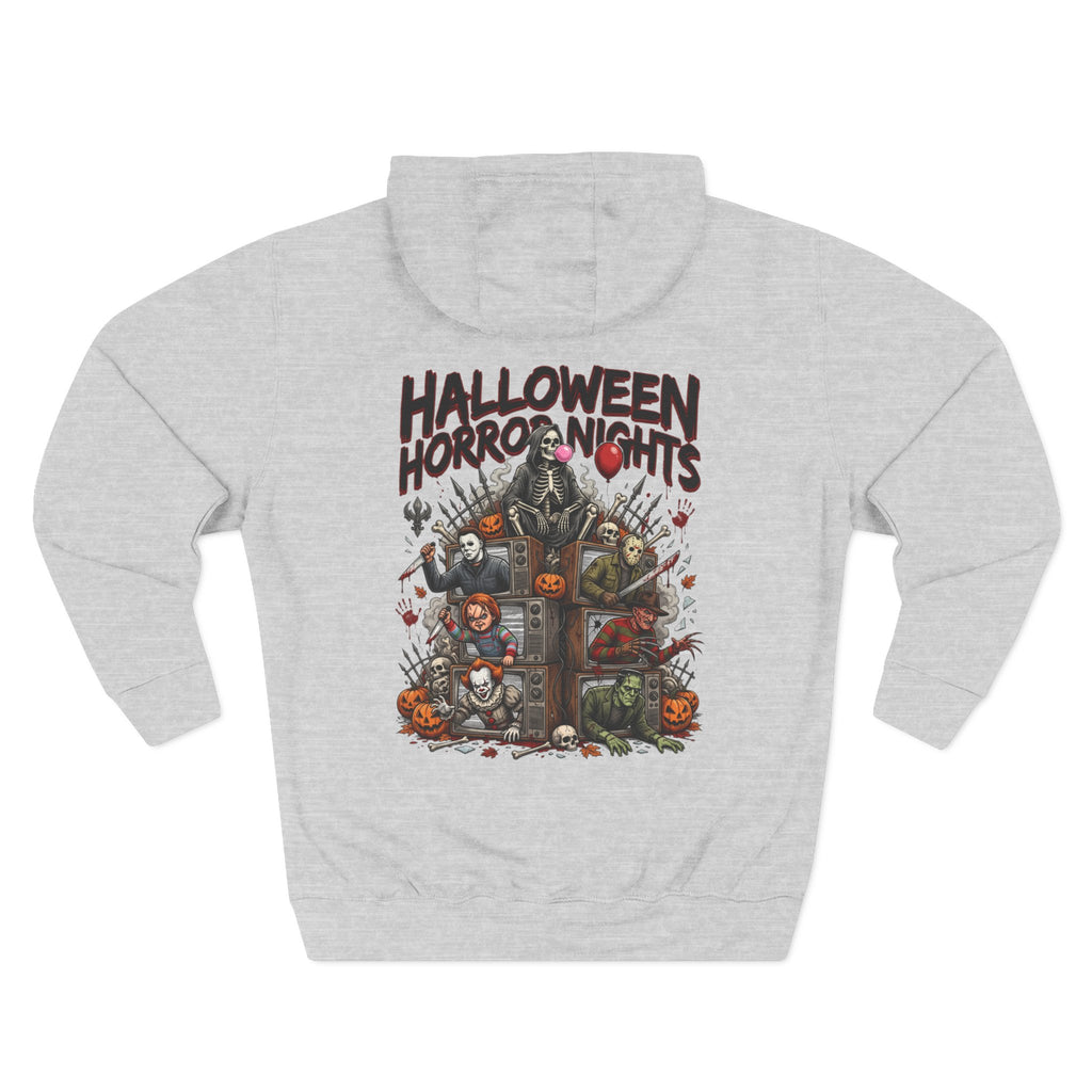 Halloween Horror Nights Hoodie — Haunted Mask & Killer Characters Graphic Pullover