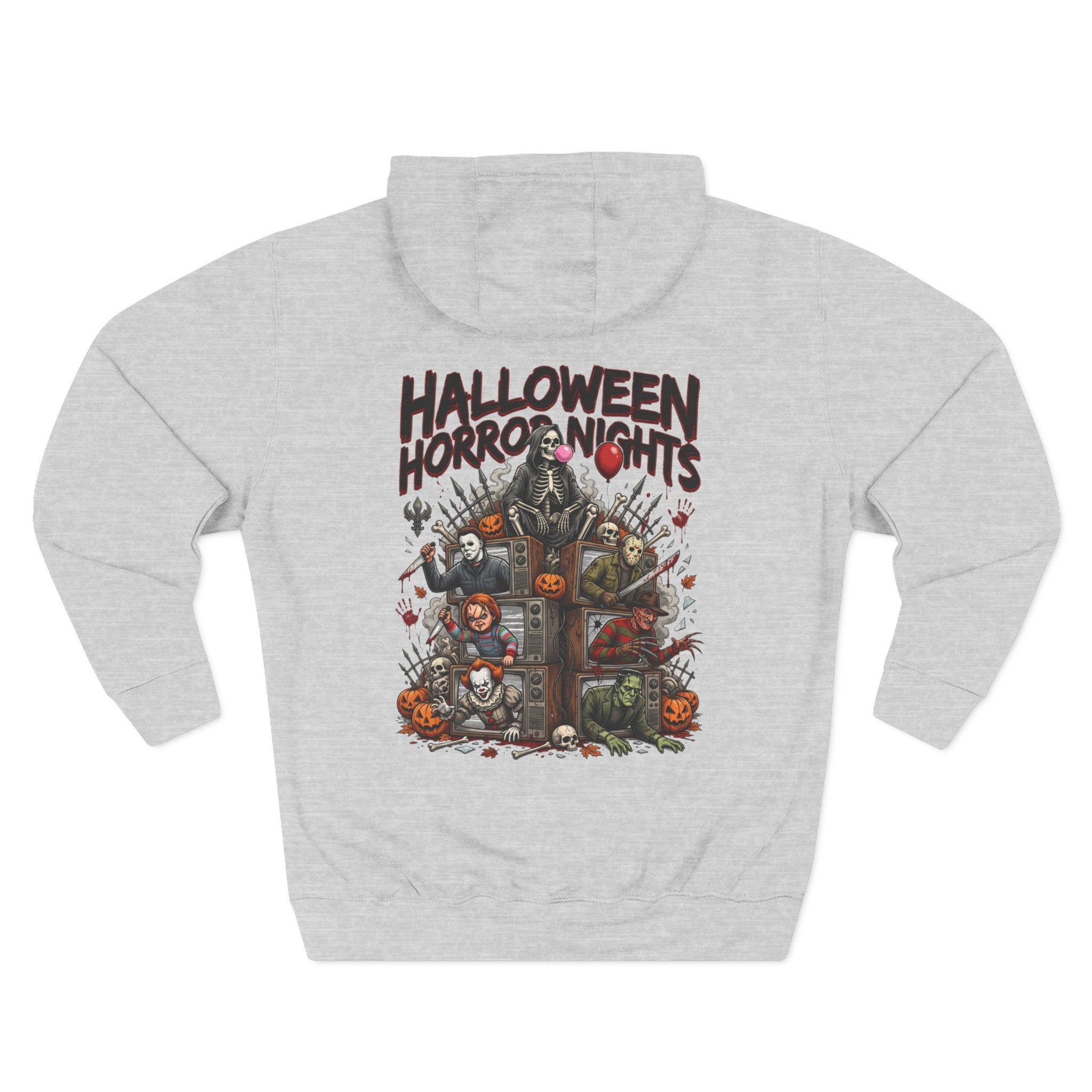 Halloween Horror Nights Hoodie — Haunted Mask & Killer Characters Graphic Pullover