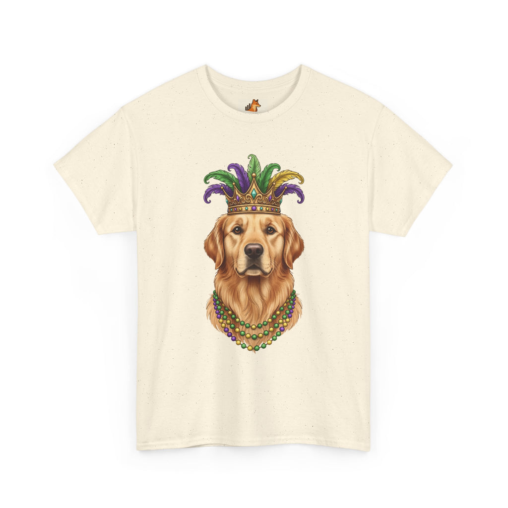 Mardi Gras Golden Retriever T-Shirt — Dog with Jester Crown & Beads