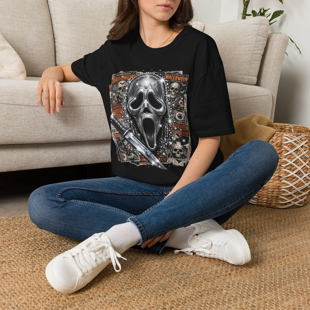 Halloween Scream Mask T-Shirt — Skull, Knife & Poster Horror Graphic Tee