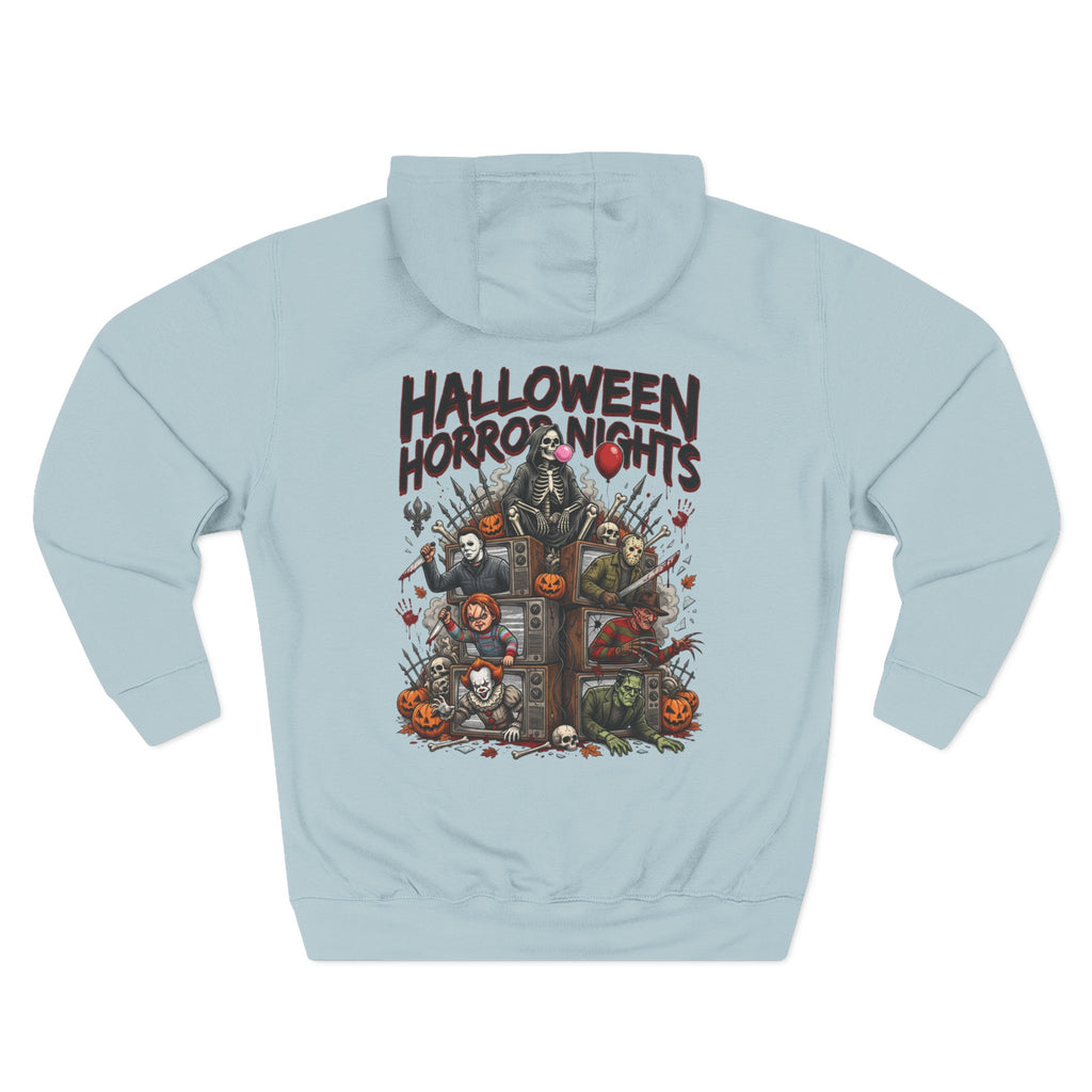 Halloween Horror Nights Hoodie — Haunted Mask & Killer Characters Graphic Pullover