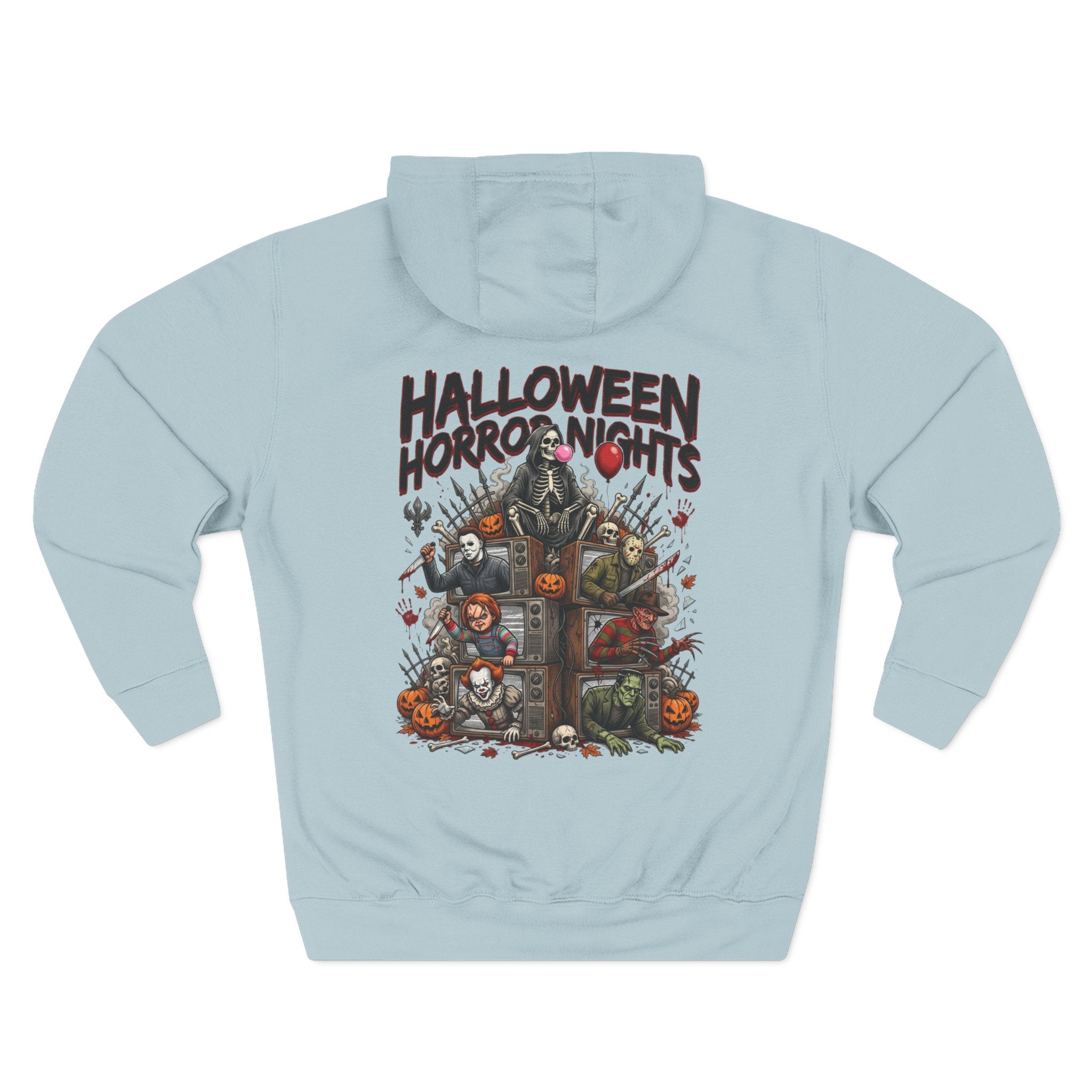Halloween Horror Nights Hoodie — Haunted Mask & Killer Characters Graphic Pullover