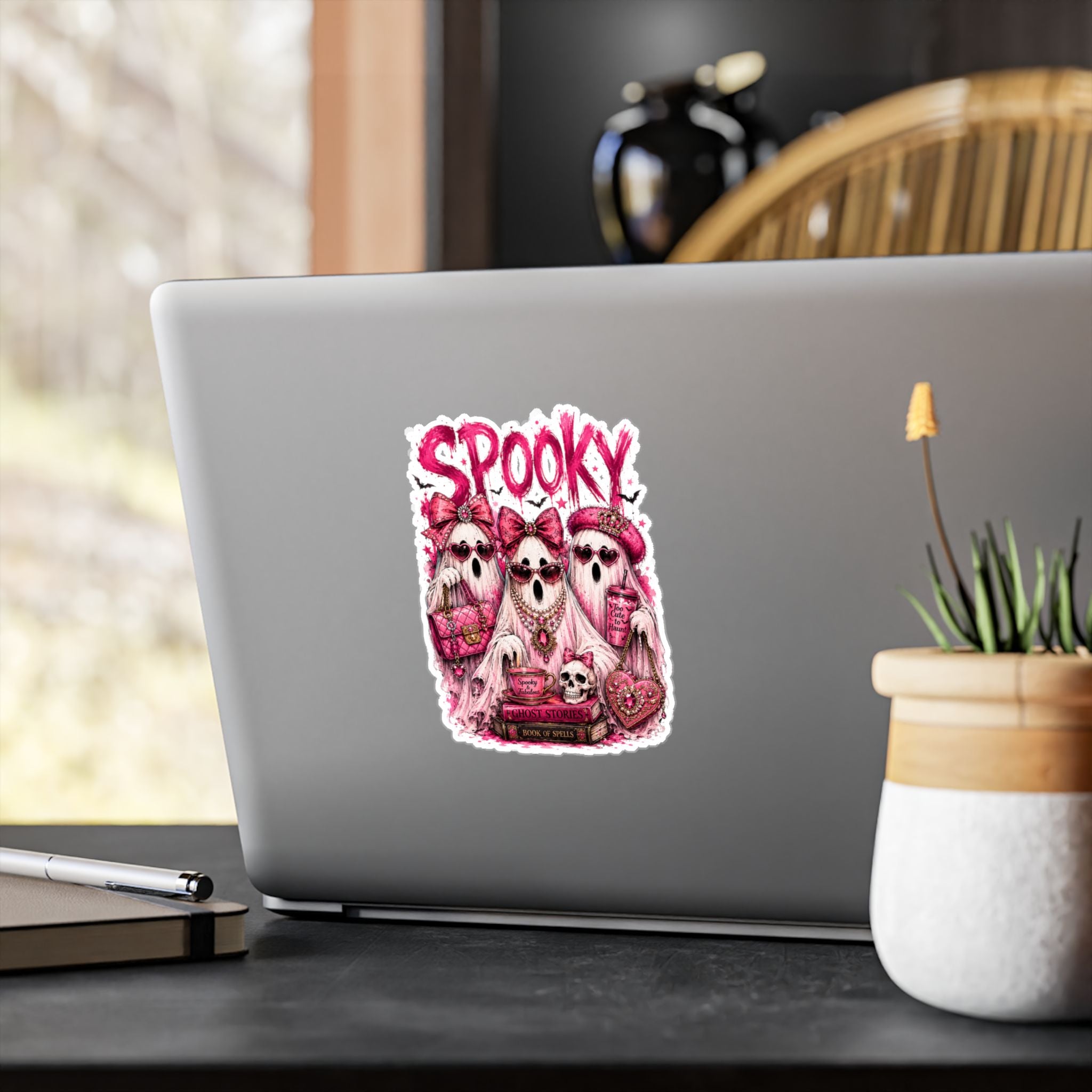 Spooky Pink Ghosts Kiss-Cut Vinyl Sticker — Cute Gothic Halloween Decal