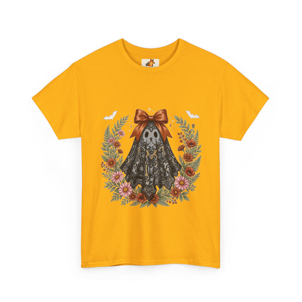 Ghost in Lace Tee — Floral Halloween Ghost T-Shirt with Bow
